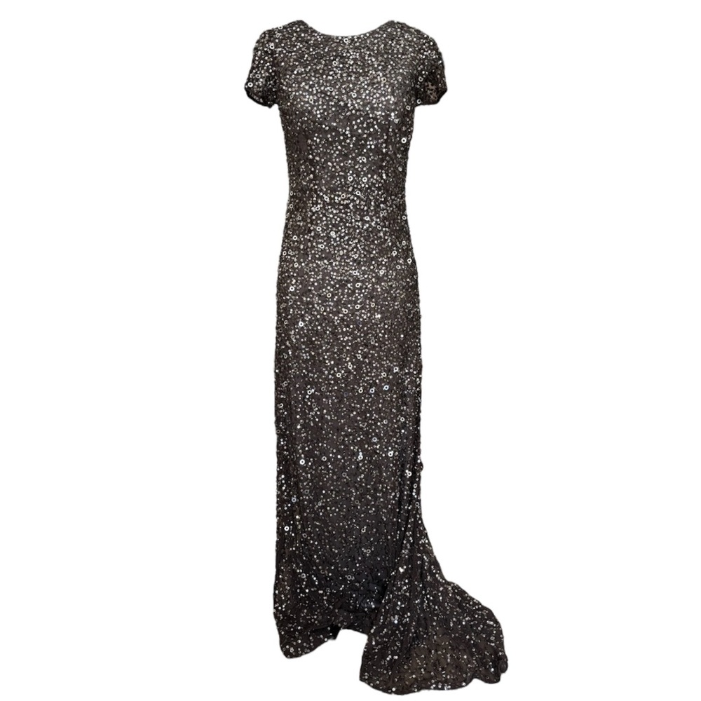 Charcoal silver sequin evening gown with small train